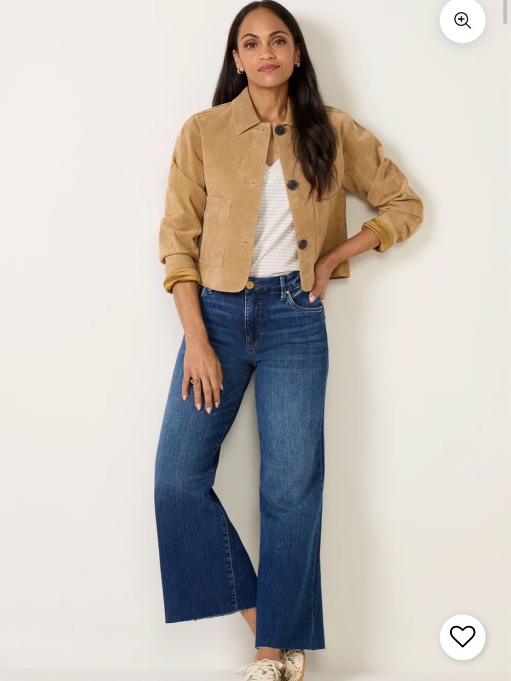 Kut from the Kloth Blue Wide Leg Jeans with Tan Jacket Styling